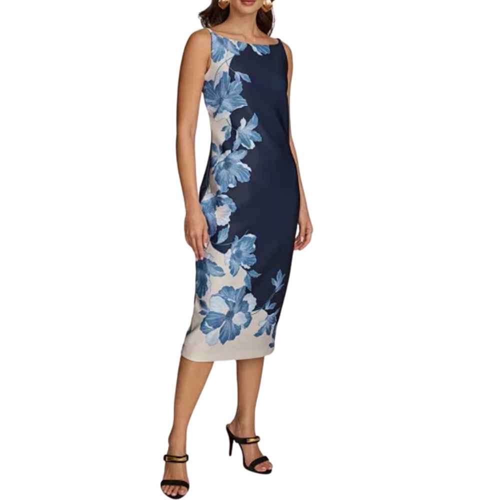 Donna Karan New York Floral Print Sleeveless Scuba Sheath Dress Blue Size 8